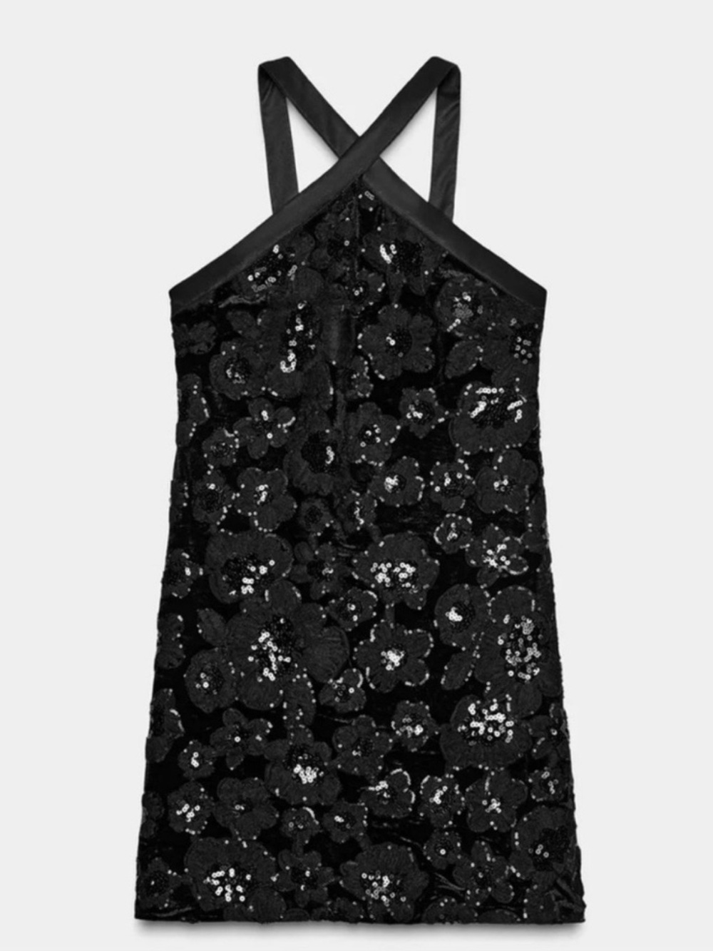 Zara Black Sequin Floral Cross-Strap Mini Dress